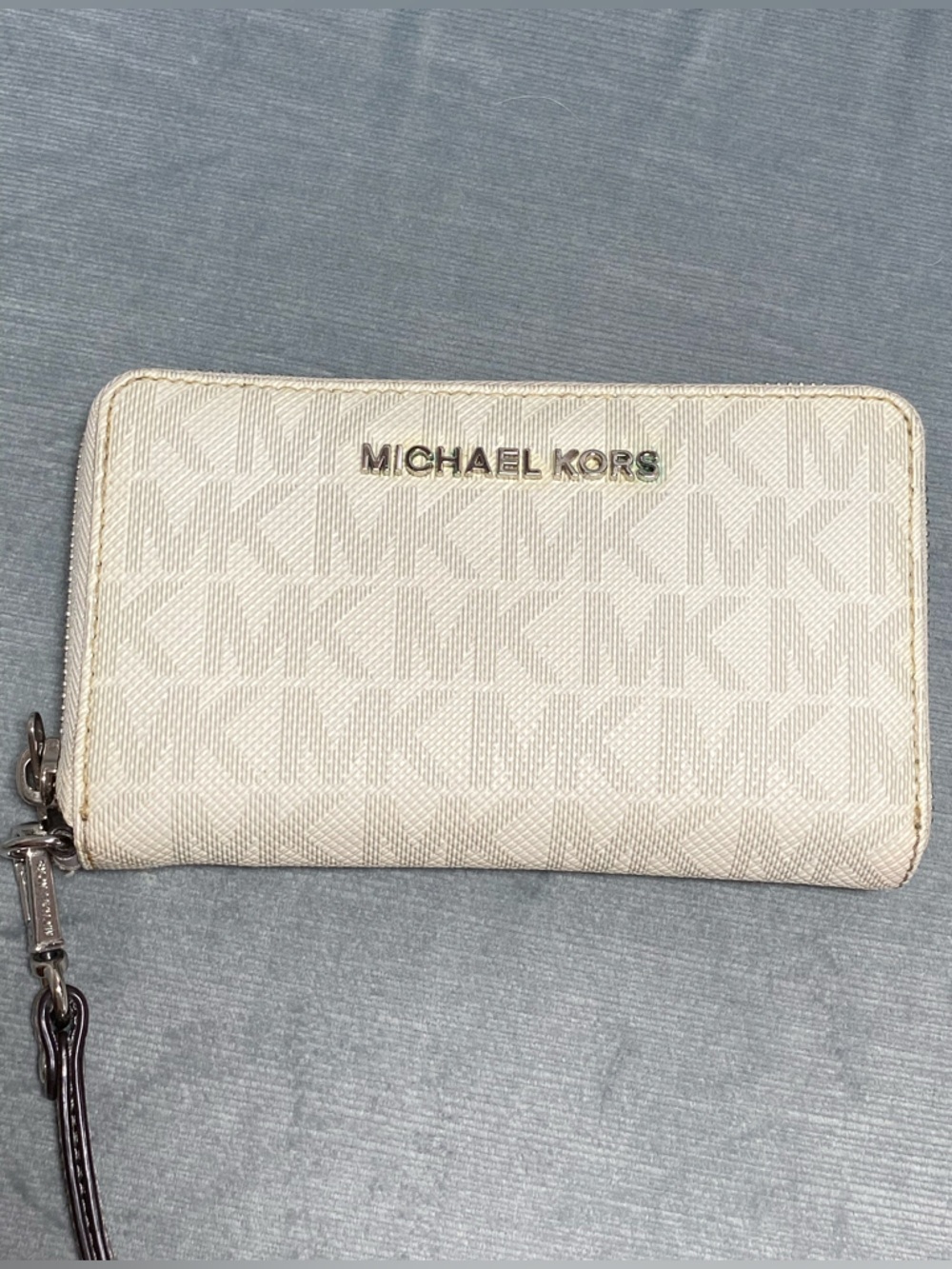 Michael Kors Vanilla Monogrammed Print Wristlet Wallet with Silver Hardware